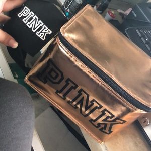 pink lunch box w beer cozy